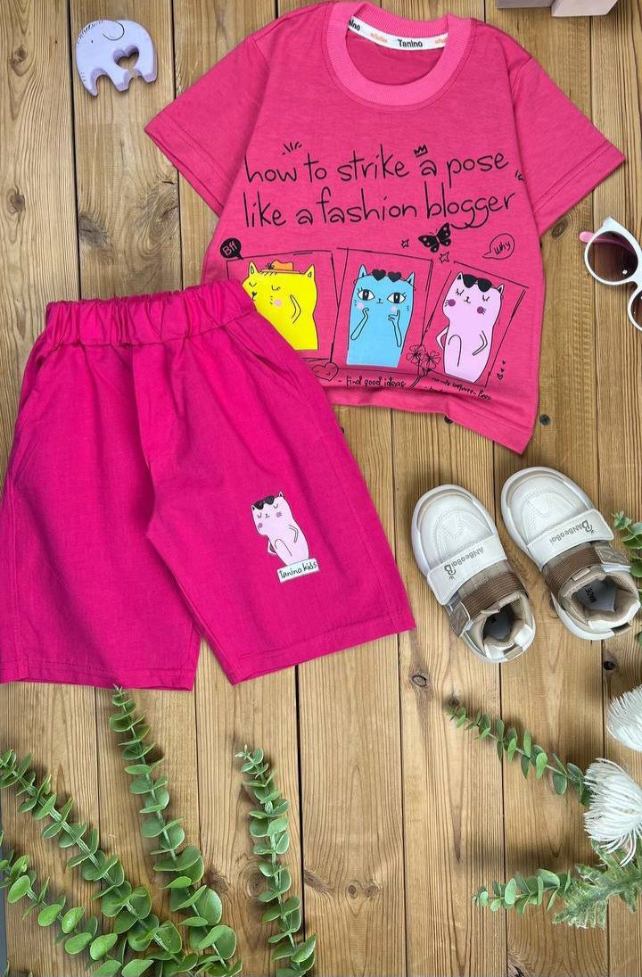 ست تیشرت وشلوارک نخ پنبه دخترانه